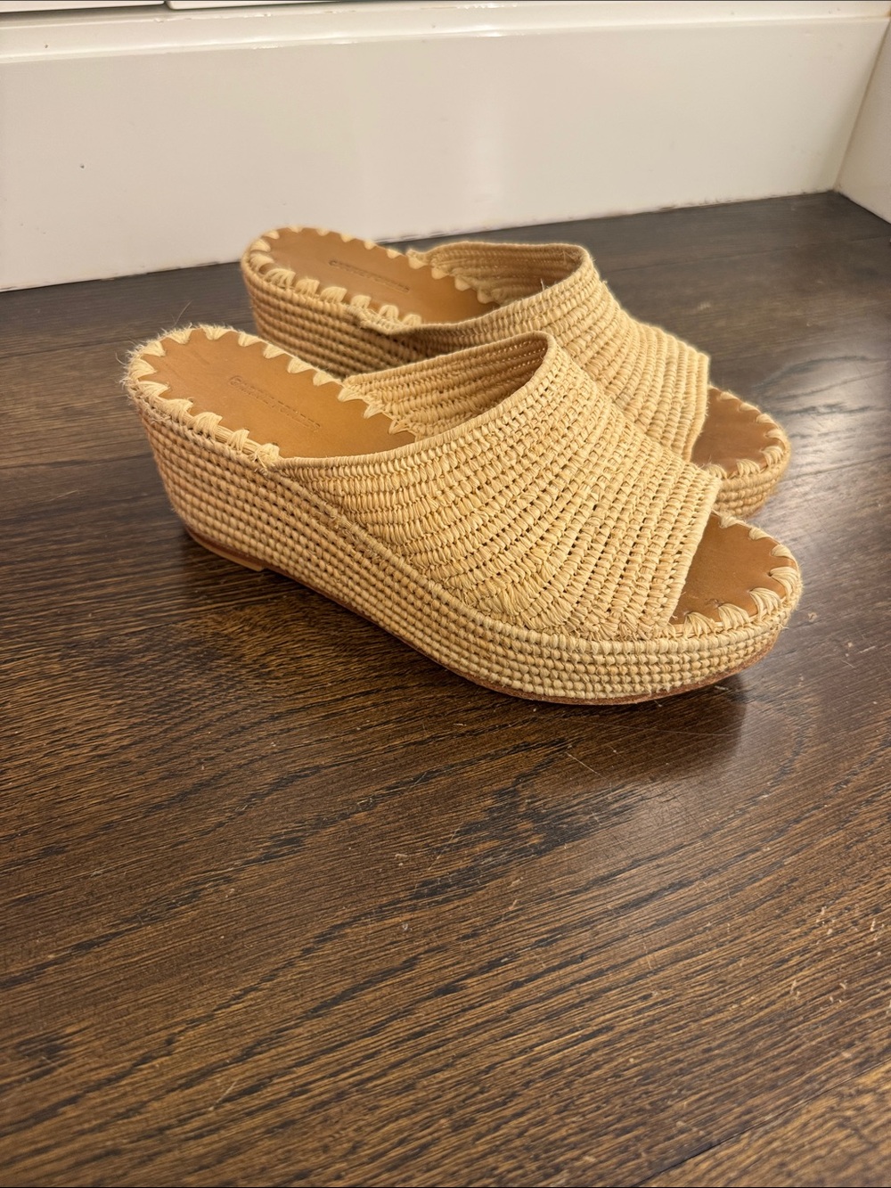 Raffia Wedge Slide Sandals in Tan